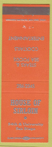 Matchbook Cover - House of Sirloin San Diego CA orange