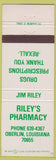Matchbook Cover - Riley's Pharmacy Drugs Oberlin LA Rexall