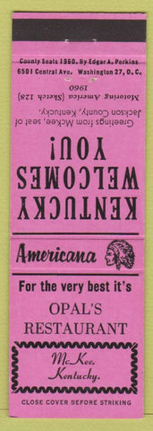 Matchbook Cover - Opal's Restaurant McKEe KY Perkins Americana