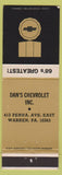 Matchbook Cover - 1968 Chevrolet Dan's Warren PA