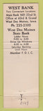 Matchbook Cover - West Bank des Moines IA