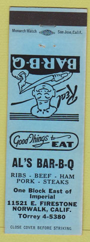 Matchbook Cover - Al's BBQ Norwalk CA blue
