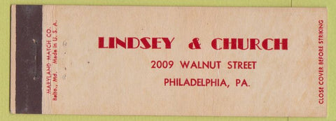 Matchbook Cover - Lindsey and Church Philadelphia PA full length