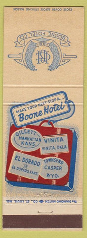 Matchbook Cover - Boone Hotels Casper WY El Dorado KS Manhattan Vinita OK