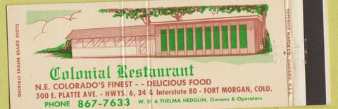 Matchbook Cover - Colonial Restaurant Fort Morgan Colorado