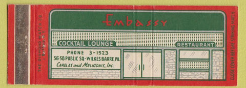 Matchbook Cover - Embassy Cocktail Lounge Wilkes Barre PA