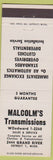Matchbook Cover - Malcolm's Transmissions Detroit MI