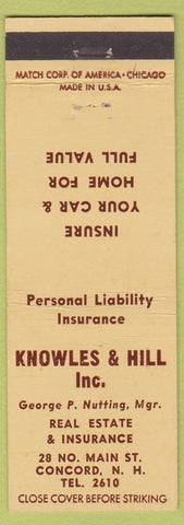 Matchbook Cover - Knowles & Hill Real Estate Insurance Concord NH