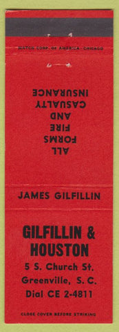 Matchbook Cover - Gilfillin & Houston Greenville SC insurance