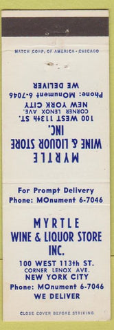 Matchbook Cover - Myrtle Wine Liquor New York City