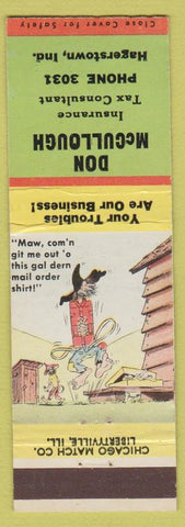 Matchbook Cover - Don McCullough Tax Consultant Hagerstown IN hillbilly