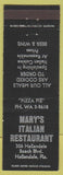 Matchbook Cover - Mary's Italian Restaurant Hallandale FL Pizza