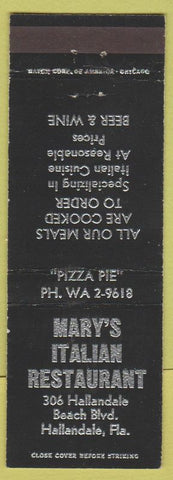 Matchbook Cover - Mary's Italian Restaurant Hallandale FL Pizza