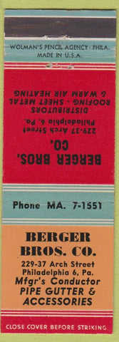 Matchbook Cover - Berger Brothers Roofing Heating Philadelphia PA