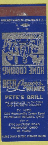 Matchbook Cover - Pete's Grill Lyndhurst OH Cleveland Heights