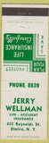 Matchbook Cover - Jerry Wellman Insurance Elmira NY