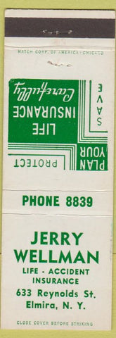 Matchbook Cover - Jerry Wellman Insurance Elmira NY