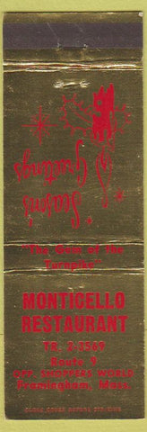Matchbook Cover - Monticello Restaurant Framingham MA