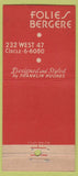 Matchbook Cover - Folies Bergere New York City 21 Strike Feature