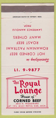 Matchbook Cover - Royal Lounge Corned Beef Royal Oak MI 30 Strike