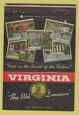 Matchbook Cover - State of Virginia Tourism Arlington Mount Vernon VA 40 Strike