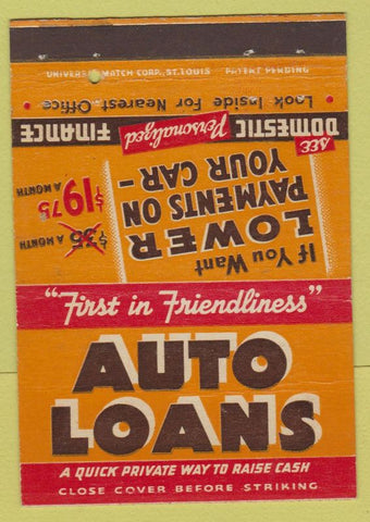 Matchbook Cover - Auto Loans Chicago IL Aurora South Bend IN 40 Strike