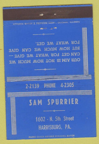 Matchbook Cover - Sam Spurrier Harrisburg PA ADVANCE vending coin 40 Strike