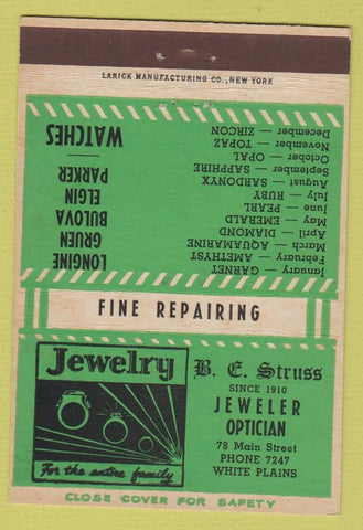 Matchbook Cover - Struss White Plains NY Bulova Gruen Longine Elgin 40 Strike