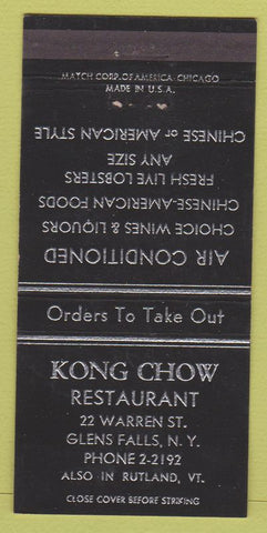 Matchbook Cover - Kong Chow Restaurant Glens Falls NY Rutland VT 30 Strike