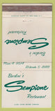 Matchbook Cover - Bardini's Sempione Restaurant New York City 30 Strike