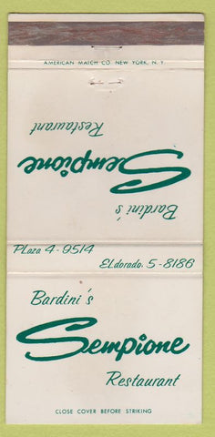 Matchbook Cover - Bardini's Sempione Restaurant New York City 30 Strike