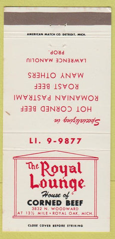 Matchbook Cover - Royal Lounge Corned Beef Royal Oak MI 30 Strike