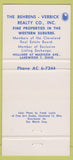 Matchbook Cover - Behrens Verbick Lakewood OH Realty 30 Strike