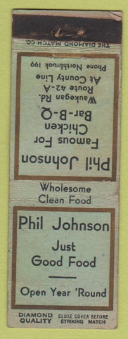 Matchbook Cover - Phil Johnson Restaurant BBQ Northbrook? IL DQ WEAR