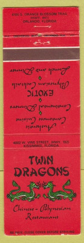 Matchbook Cover - Twin Dragons Chinese Restaurant Orlando FL