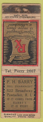 Matchbook Cover - PH Barry Drugs Pawtucket RI DQ WORN