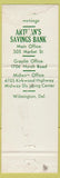 Matchbook Cover - Artisan's Savings Bank Wilmington DE POOR BACK