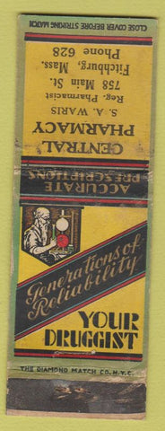 Matchbook Cover - Central Drug Fitchburg MA low phone # WORN