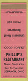 Matchbook Cover - Phillips Restaurant Lebanon OH low phone #