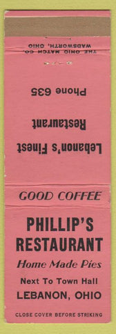 Matchbook Cover - Phillips Restaurant Lebanon OH low phone #