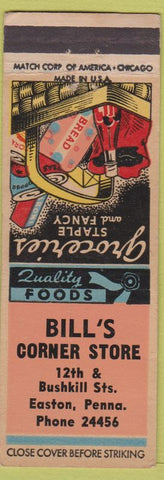 Matchbook Cover - Bill's Corner Store Easton PA