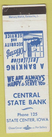 Matchbook Cover - Central State Bank State Center IA low phone #