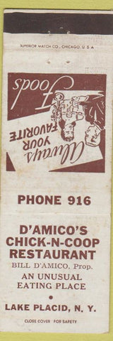 Matchbook Cover - D' Amico's Chicken Coop Restaurant Lake Placid NY WEAR