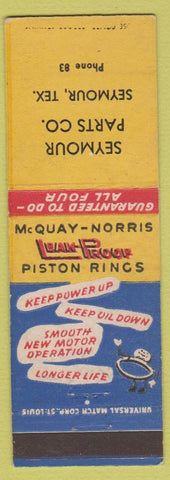 Matchbook Cover - McQuay Norris Piston Rings Seymour Parts TX low phone