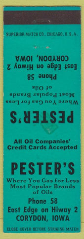 Matchbook Cover - Pester's oil gas Corydon IA low phon e#