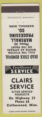 Matchbook Cover - Clairs Cities oil gas Cottonwood MN low phone meat processing