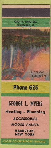 Matchbook Cover - George Myers Heating Plumbing Hamilton NY low phone #