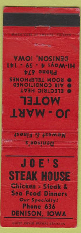 Matchbook Cover - Joe's Steak House Denison IA low phone # WORN motel