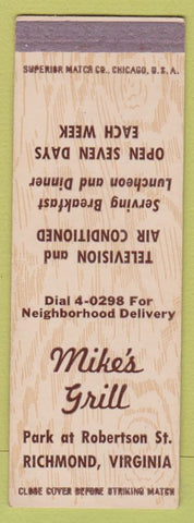 Matchbook Cover - Mike's Grill Richmond VA SAMPLE WEAR