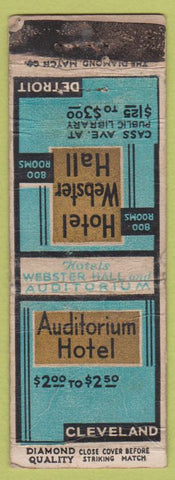 Matchbook Cover - Hotel Webster Hall Detroit Auditorium Cleveland OH DQ WORN